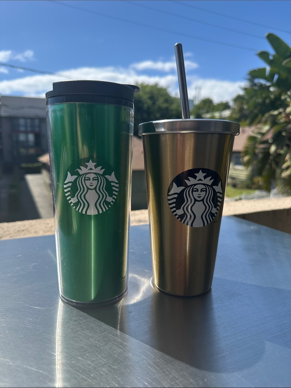 Starbucks Metallic Green and Gold Tumblers Set